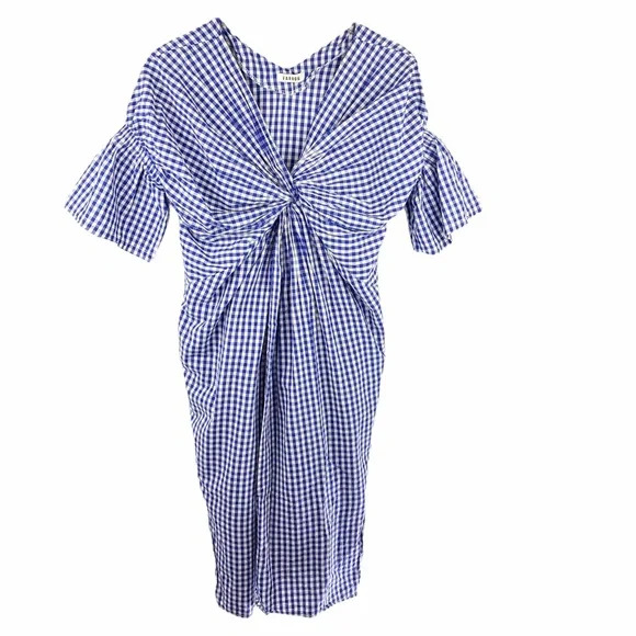 FARROW Daytona Blue Gingham Twist MIDI Dress Coastal Grandma M - Picture 2 of 8